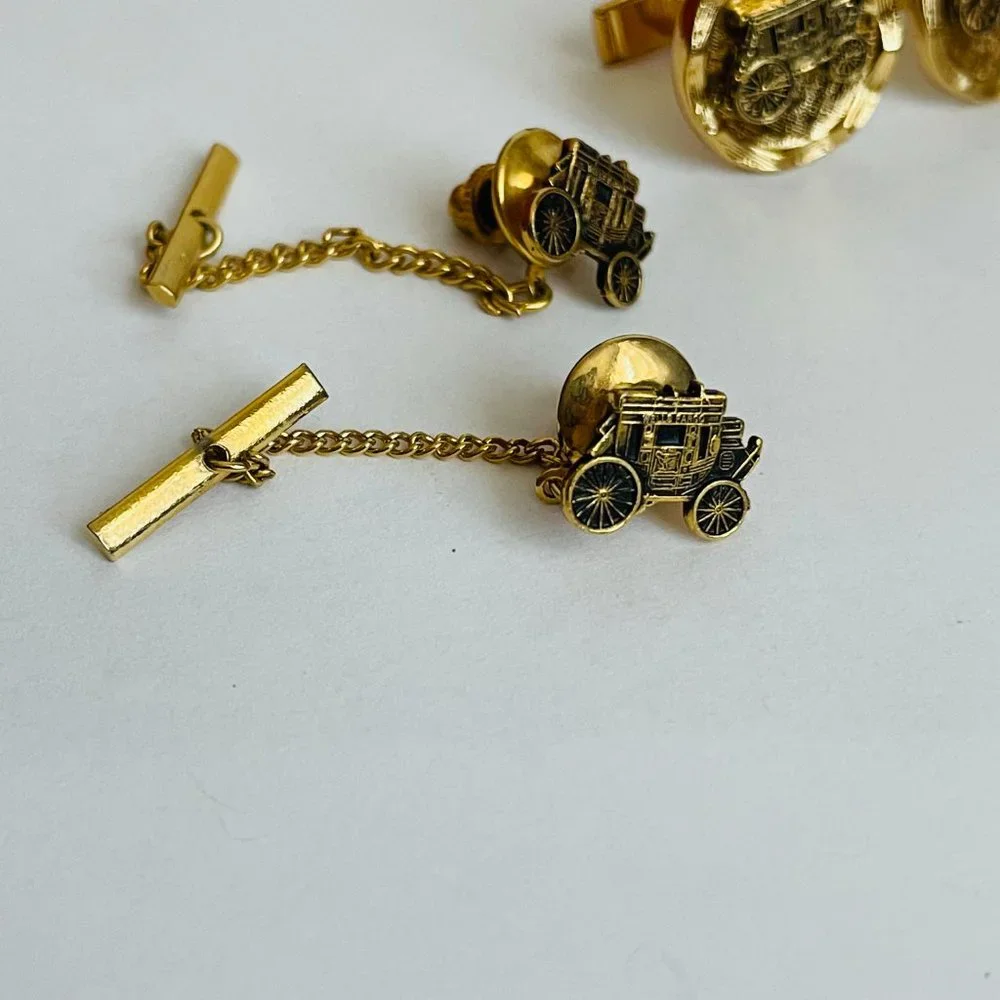 Vintage Wells Fargo Stagecoach Carriage Gold Plated Cufflinks Tie Clips Set of 6